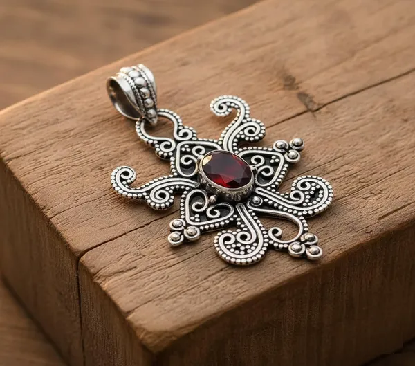 JEWEL_UP_BY_SARITA_925_Sterling_Silver_Natural_Garnet_Gemstone_Pendant_for_Women_Handmade_Vintage_Floral_Design_January_Birthstone_Red_Garnet_Jewelry_Present