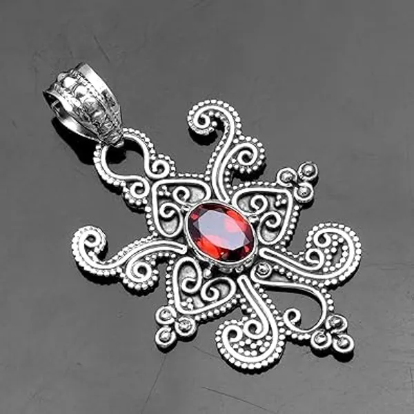 JEWEL_UP_BY_SARITA_925_Sterling_Silver_Natural_Garnet_Gemstone_Pendant_for_Women_Handmade_Vintage_Floral_Design_January_Birthstone_Red_Garnet_Jewelry_Present