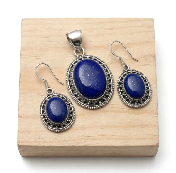 JUS_Lapis_Lazuli_Jewelry_Set_for_Women_925_Sterling_Silver_Oval_Pendant_Necklace_&_Dangle_Earrings_Natural_Blue_Gemstone_Vintage_Boho_Statement_Set