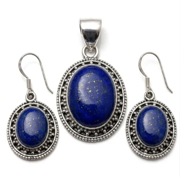 JUS_Lapis_Lazuli_Jewelry_Set_for_Women_925_Sterling_Silver_Oval_Pendant_Necklace_&_Dangle_Earrings_Natural_Blue_Gemstone_Vintage_Boho_Statement_Set