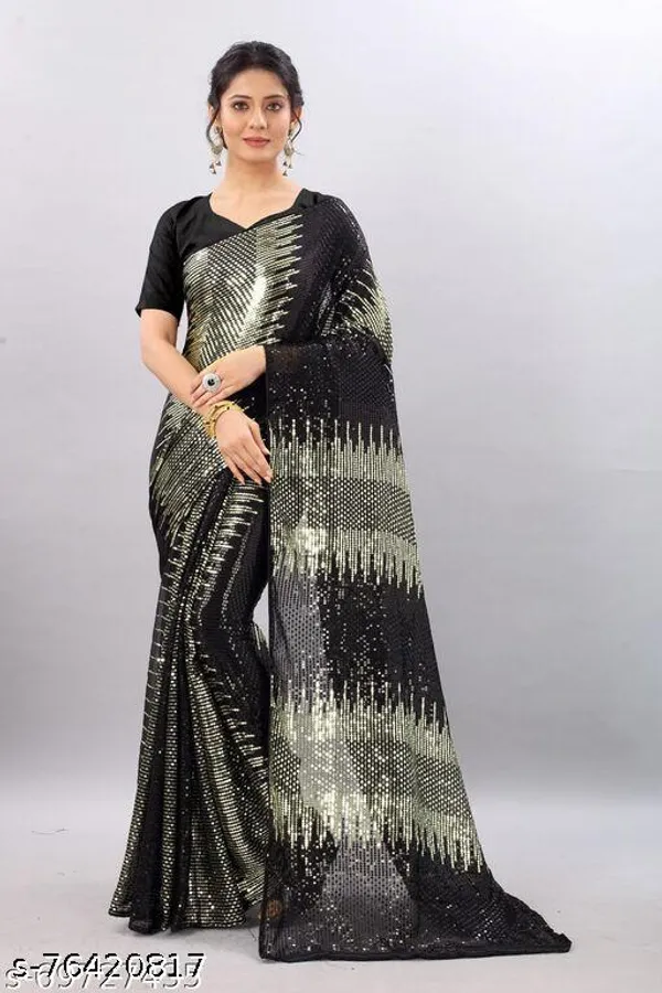 Designer_Grey_Partywear_Saree_With_White_Sequin_Flowers