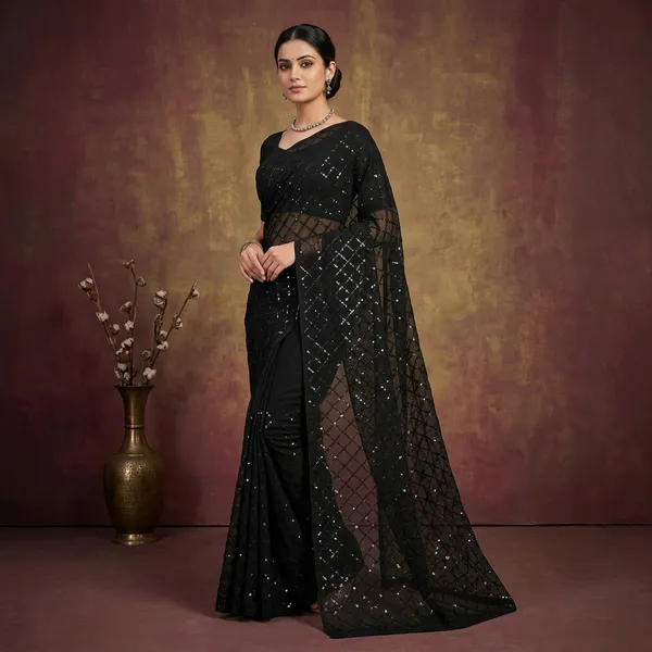 Designer_Wine_Partywear_Saree_With_White_Sequin_Flowers