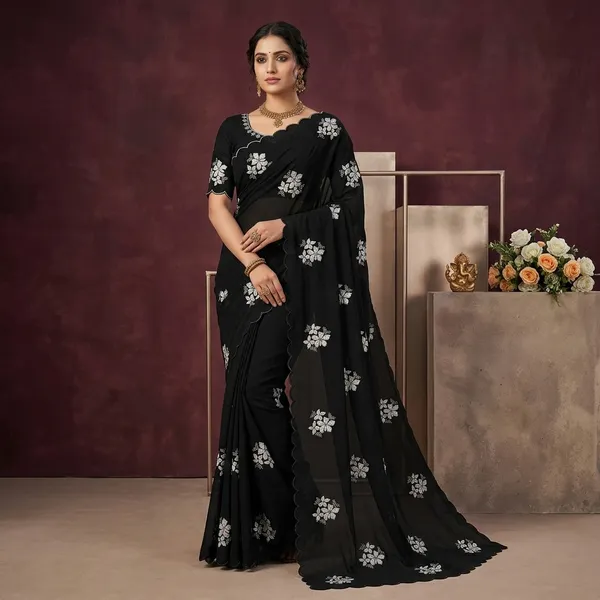 Georgette_Embroidered_Green_Color_Sreee_With_Blouse
