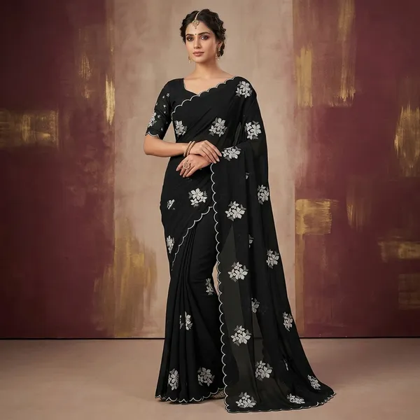 Designer_Peach_Partywear_Saree_With_White_Sequin_Flowers
