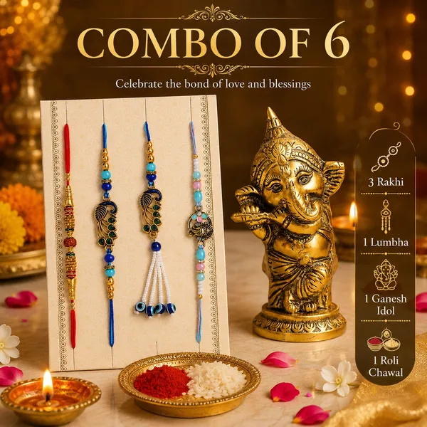 Chhariya_Crafts_Bhaiya_Bhabhi_Bhaiya_Bhabhi_Rakhi_Combo_Gift_Set_Assorted,_Gold_Finish,_Kundan,_Mauli_Thread,_Plastic_(PVC),_Pearl,_Zardosi_Showpiece,_Rakhi,_Chawal_Roli_Pack__Set_(4_Rakhi,1_Metal_Ganes,Roli_Chawal)