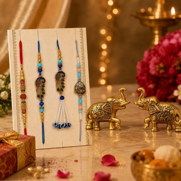 Chhariya_Crafts_Bhaiya_Bhabhi_Bhaiya_Bhabhi_Rakhi_Combo_Gift_Set_Assorted,_Gold_Finish,_Plastic_(PVC),_Kundan,_Pearl_Rakhi,_Showpiece,_Chawal_Roli_Pack__Set_(1_Metal_Elephant_Pair_Showpieces_For_Gift,_Chawal_Roli_Pack,_1_Designer_Lumba_Rakhi_For_Bhabhi,_1_Designer_Rakhi_For_Bhaiya_Brother,_2_Extra_Rakhi_))