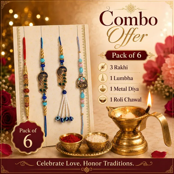 Chhariya_Crafts_Bhaiya_Bhabhi_Bhaiya_Bhabhi_Rakhi_Combo_Gift_Set_Gold_Finish,_Assorted,_Plastic_(PVC),_Pearl,_Kundan_Rakhi,_Chawal_Roli_Pack,_Lumba,_Diya__Set_(1_Metal_Pan_Shape_Diya,_Chawal_Roli_Pack,_1_Designer_Lumba_Rakhi_For_Bhabhi,_1_Designer_Rakhi_For_Bhaiya_Brother,_2_Extra_Rakhi_))