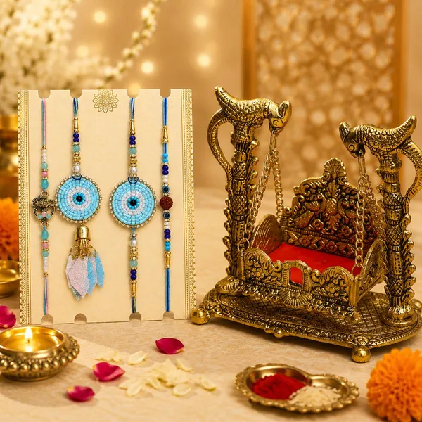 Chhariya_Crafts_Bhaiya_Bhabhi_Bhaiya_Bhabhi_Rakhi_Combo_Gift_Set_Assorted,_Gold_Finish,_Jute,_Pearl,_Plastic_(PVC),_Zardosi_Rakhi,_Showpiece,_Chawal_Roli_Pack__Set_(1_Metal_Krishna_Jhula_For_Janmashtami,_Chawal_Roli_Pack,_1_Designer_Lumba_Rakhi_For_Bhabhi,_1_Designer_Rakhi_For_Bhaiya_Brother,_2_Extra_Rakhi_))