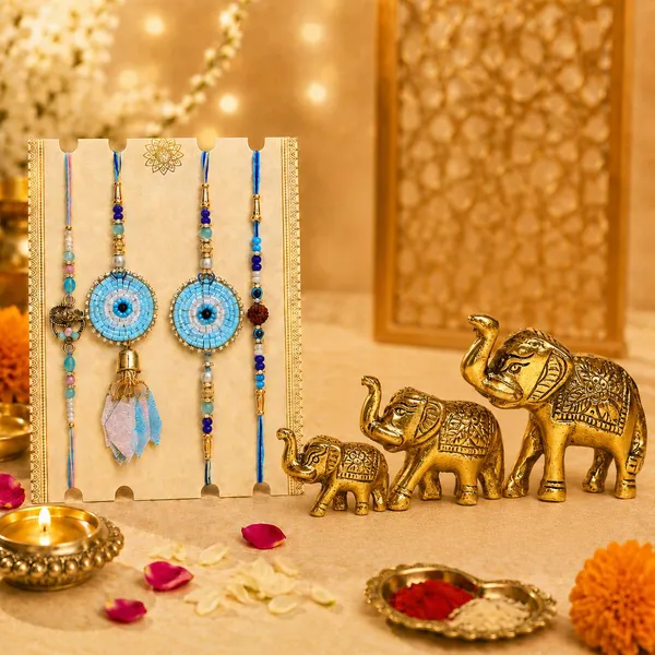 Chhariya_Crafts_Designer_Bhaiya_Bhabhi_Rakhi_Combo_Gift_Set_Assorted_Rakhi,_Showpiece,_Lumba,_Chawal_Roli_Pack__Set_(3_Metal_Elepahant_Showpieces,_1_Chawal_Roli_Pack,_1_Designer_Lumba_,_3_Designer_Rakhi)
