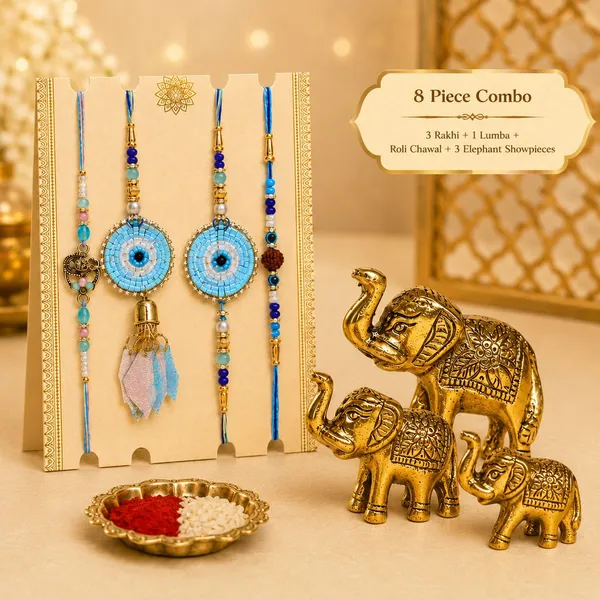 Chhariya_Crafts_Designer_Bhaiya_Bhabhi_Rakhi_Combo_Gift_Set_Assorted_Rakhi,_Showpiece,_Lumba,_Chawal_Roli_Pack__Set_(3_Metal_Elepahant_Showpieces,_1_Chawal_Roli_Pack,_1_Designer_Lumba_,_3_Designer_Rakhi)