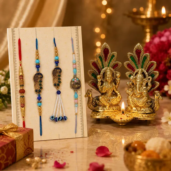 Chhariya_Crafts_Bhaiya_Bhabhi_Bhaiya_Bhabhi_Rakhi_Combo_Gift_Set_Assorted,_Gold_Finish,_Pearl,_Plastic_(PVC),_Kundan_Rakhi,_Showpiece,_Chawal_Roli_Pack__Set_(4_Rakhi,1_Metal_Laxmi_Ganesh_With_Diya,Roli_Chawal)