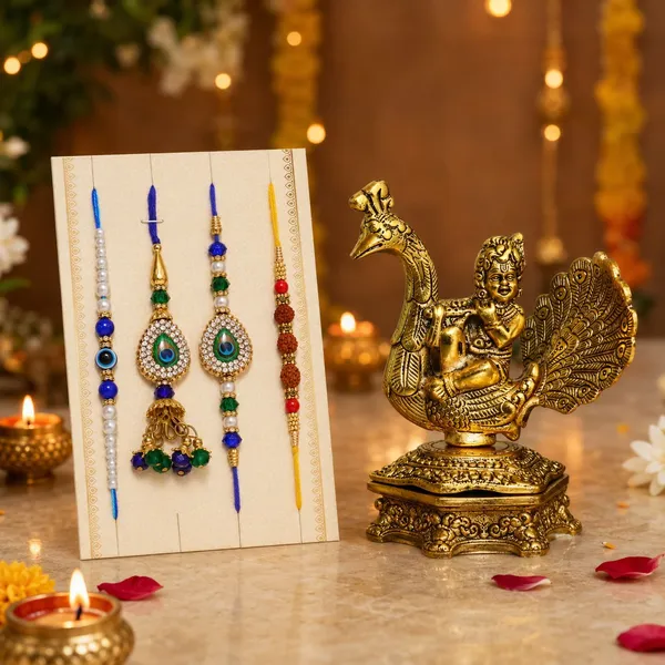 Chhariya_Crafts_Bhaiya_Bhabhi_Bhaiya_Bhabhi_Rakhi_Combo_Gift_Set_1_Assorted,_Gold_Finish,_Kundan,_Pearl,_Zardosi_Rakhi,_Showpiece,_Lumba,_Chawal_Roli_Pack__Set_(1_Metal_Krishna_Sitting_On_Peacock,_Chawal_Roli_Pack,_1_Designer_Lumba_Rakhi_For_Bhabhi,_1_Designer_Rakhi_For_Bhaiya_Brother,_2_Extra_Rakhi)