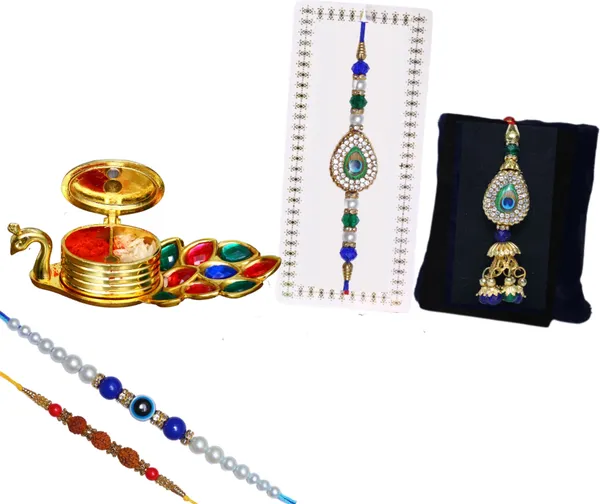 Chhariya_Crafts_Bhaiya_Bhabhi_Bhaiya_Bhabhi_Rakhi_Combo_Gift_Set_Assorted,_Gold_Finish,_Kundan,_Pearl,_Plastic_(PVC),_Zardosi_Rakhi,_Chawal_Roli_Pack__Set_(1_Metal_Peacock_Showpiece_With_KumKum_Box,_Chawal_Roli_Pack,_1_Designer_Lumba_Rakhi_For_Bhabhi,_1_Designer_Rakhi_For_Bhaiya_Brother,_2_Extra_Rakhi_))