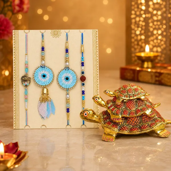 Chhariya_Crafts_Bhaiya_Bhabhi_Rakhi_Combo_Set_Tortoise_Set_Of_3,_Chawal_Roli_Pack,_1_Designer_Lumba,_3_Rakhi_Assorted,_Gold,_Gold_Finish,_Jute,_Kundan,_Mauli_Thread,_Pearl,_Yarn_Showpiece,_Rakhi,_Chawal_Roli_Pack__Set_(Tortoise_Set_Of_3,_Chawal_Roli_Pack,_1_Designer_Lumba,_3_Rakhi)
