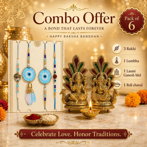 Chhariya_Crafts_Bhaiya_Bhabhi_Rakhi_Combo_Set_1_Laxmi_Ganesh,_Chawal_Roli_Pack,_1_Designer_Lumba,_3_Rakhi_Assorted,_Gold,_Gold_Finish,_Jute,_Kundan,_Mauli_Thread,_Pearl,_Yarn_Rakhi,_Chawal_Roli_Pack,_Showpiece__Set_(1_Laxmi_Ganesh_Idol,_Chawal_Roli_Pack,_1_Designer_Lumba,_3_Rakhi)