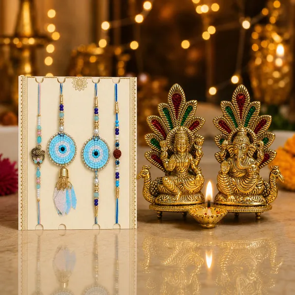 Chhariya_Crafts_Bhaiya_Bhabhi_Rakhi_Combo_Set_1_Laxmi_Ganesh,_Chawal_Roli_Pack,_1_Designer_Lumba,_3_Rakhi_Assorted,_Gold,_Gold_Finish,_Jute,_Kundan,_Mauli_Thread,_Pearl,_Yarn_Rakhi,_Chawal_Roli_Pack,_Showpiece__Set_(1_Laxmi_Ganesh_Idol,_Chawal_Roli_Pack,_1_Designer_Lumba,_3_Rakhi)