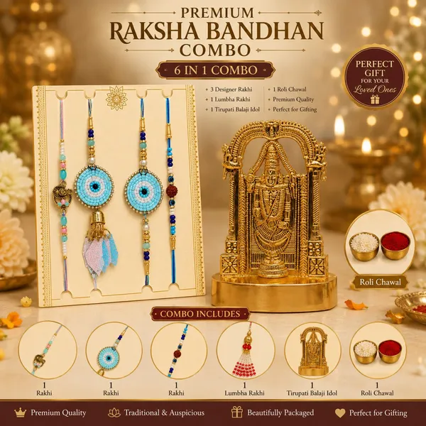 Chhariya_Crafts_Bhaiya_Bhabhi_Rakhi_Combo_Set_1_Tirupati,_Chawal_Roli_Pack,_1_Designer_Lumba,_3_Rakhi_Gold,_Gold_Finish,_Jute,_Kundan,_Mauli_Thread,_Pearl,_Yarn_Rakhi,_Chawal_Roli_Pack,_Showpiece__Set_(1_Tirupati,_1_Chawal_Roli_Pack,_1_Designer_Lumba,_3_Rakhi)