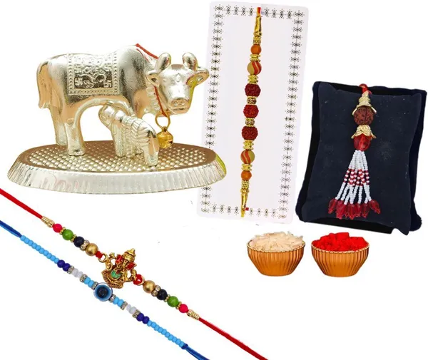 Chhariya_Crafts_Bhaiya_Bhabhi_Rakhi_Combo_Set_1_Cow,_Chawal_Roli_Pack,_1_Designer_Lumba,_3_Rakhi_Assorted,_Gold,_Gold_Finish,_Jute,_Kundan,_Mauli_Thread,_Pearl,_Yarn_Rakhi,_Chawal_Roli_Pack,_Showpiece__Set_(1_Cow,_1_Chawal_Roli_Pack,_1_Designer_Lumba,_3_Rakhi)