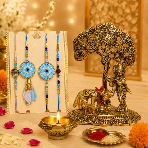 Chhariya_Crafts_Bhaiya_Bhabhi_Rakhi_Combo_Set_1_Krishna,_1_Diya,_Chawal_Roli_Pack,_1_Designer_Lumba,_3_Rakhi_Assorted,_Gold,_Gold_Finish,_Jute,_Kundan,_Mauli_Thread,_Pearl,_Yarn_Rakhi,_Chawal_Roli_Pack,_Showpiece__Set_(1_Krishna,_1_Diya,_1_Chawal_Roli_Pack,_1_Designer_Lumba,_3_Rakhi)
