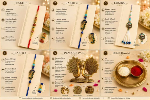 Chhariya_Crafts_Bhaiya_Bhabhi_Rakhi_Combo_Set_1_Peacock_Pair,_Chawal_Roli_Pack,_1_Designer_Lumba,_3_Rakhi_Assorted,_Gold,_Gold_Finish,_Jute,_Kundan,_Mauli_Thread,_Pearl,_Yarn_Rakhi,_Chawal_Roli_Pack,_Showpiece__Set_(1_Peacock_Pair,_1_Chawal_Roli_Pack,_1_Designer_Lumba,_3_Rakhi)