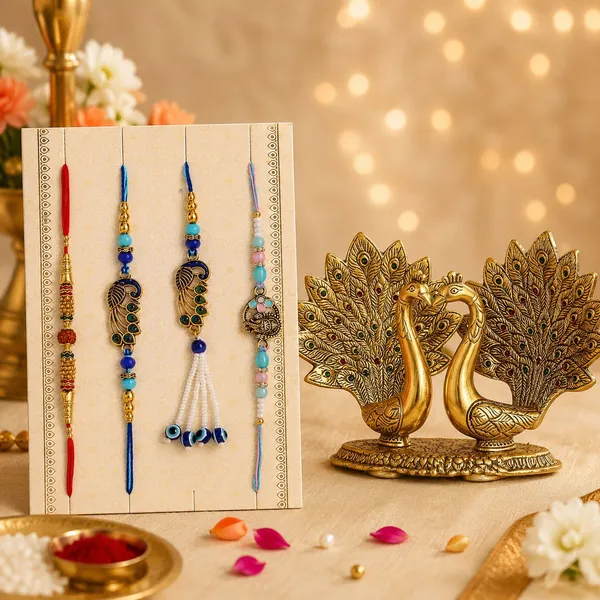 Chhariya_Crafts_Bhaiya_Bhabhi_Rakhi_Combo_Set_1_Peacock_Pair,_Chawal_Roli_Pack,_1_Designer_Lumba,_3_Rakhi_Assorted,_Gold,_Gold_Finish,_Jute,_Kundan,_Mauli_Thread,_Pearl,_Yarn_Rakhi,_Chawal_Roli_Pack,_Showpiece__Set_(1_Peacock_Pair,_1_Chawal_Roli_Pack,_1_Designer_Lumba,_3_Rakhi)