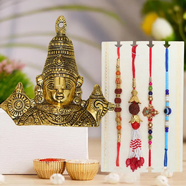 Chhariya_Crafts_Bhaiya_Bhabhi_Rakhi_Combo_Set_1_Tirupati_Balaji,_Chawal_Roli_Pack,_1_Designer_Lumba,_3_Rakhi_Assorted,_Gold,_Gold_Finish,_Jute,_Kundan,_Mauli_Thread,_Pearl,_Yarn_Rakhi,_Chawal_Roli_Pack,_Showpiece__Set_(1_Tirupati_Balaji,_1_Chawal_Roli_Pack,_1_Designer_Lumba,_3_Rakhi)