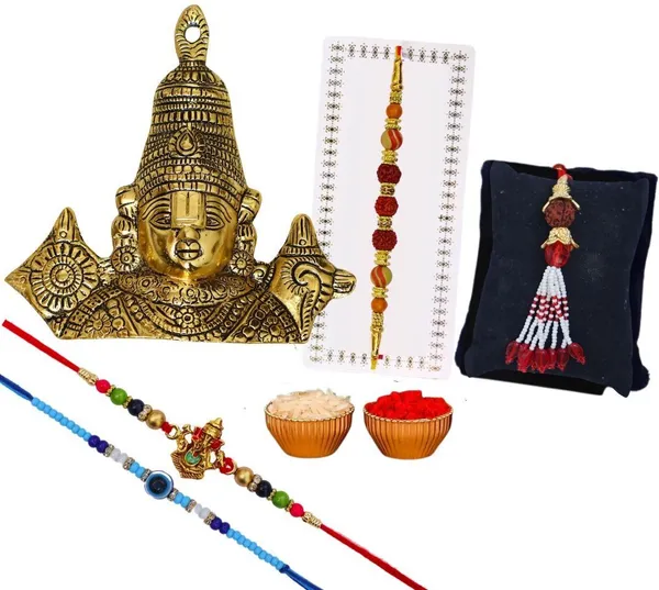 Chhariya_Crafts_Bhaiya_Bhabhi_Rakhi_Combo_Set_1_Tirupati_Balaji,_Chawal_Roli_Pack,_1_Designer_Lumba,_3_Rakhi_Assorted,_Gold,_Gold_Finish,_Jute,_Kundan,_Mauli_Thread,_Pearl,_Yarn_Rakhi,_Chawal_Roli_Pack,_Showpiece__Set_(1_Tirupati_Balaji,_1_Chawal_Roli_Pack,_1_Designer_Lumba,_3_Rakhi)
