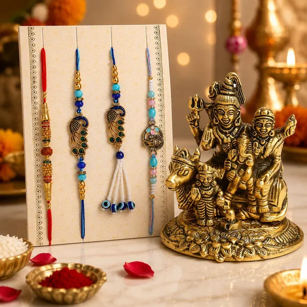 Chhariya_Crafts_Bhaiya_Bhabhi_Rakhi_Combo_Set_1_Shivparivar,_Chawal_Roli_Pack,_1_Designer_Lumba,_3_Rakhi_Assorted,_Gold,_Gold_Finish,_Jute,_Kundan,_Mauli_Thread,_Pearl,_Yarn_Rakhi,_Chawal_Roli_Pack,_Showpiece__Set_(1_Shivparivar,_1_Chawal_Roli_Pack,_1_Designer_Lumba,_3_Rakhi)