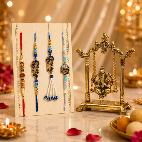 Chhariya_Crafts_Bhaiya_Bhabhi_Rakhi_Combo_Set_1_Ganesh_Jhula,_Chawal_Roli_Pack,_1_Designer_Lumba,_3_Rakhi_Assorted,_Gold,_Gold_Finish,_Jute,_Kundan,_Mauli_Thread,_Pearl,_Yarn_Rakhi,_Chawal_Roli_Pack,_Showpiece__Set_(1_Ganesh_Jhula,_1_Chawal_Roli_Pack,_1_Designer_Lumba,_3_Rakhi)