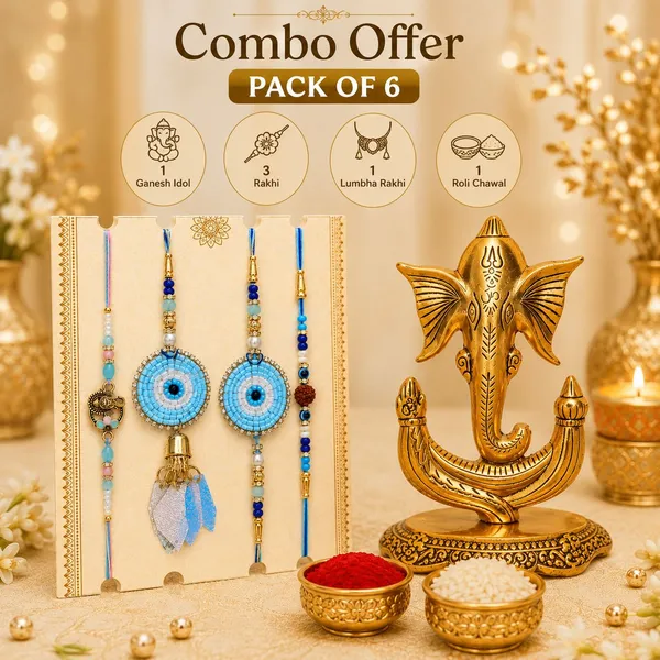 Chhariya_Crafts_Bhaiya_Bhabhi_Rakhi_Combo_Set_1_Tirusul_Ganesh,_Chawal_Roli_Pack,_1_Designer_Lumba,_3_Rakhi_Assorted,_Gold,_Gold_Finish,_Jute,_Kundan,_Mauli_Thread,_Pearl,_Zardosi_Rakhi,_Showpiece,_Diya__Set_(1_Tirusul_Ganesh,_Chawal_Roli_Pack,_1_Designer_Lumba,_3_Rakhi)
