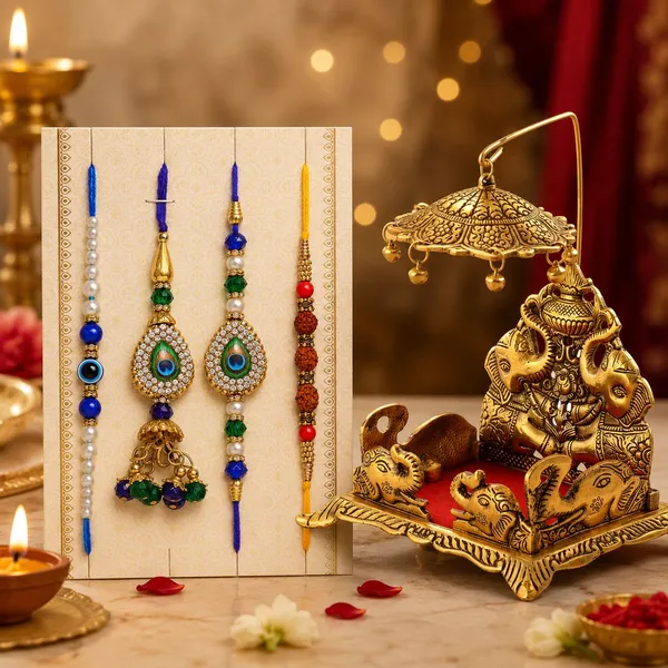Chhariya_Crafts_Bhaiya_Bhabhi_Rakhi_Combo_Set_1_Sighasan_For_God,_Chawal_Roli_Pack,_1_Designer_Lumba,_3_Rakhi_Assorted,_Gold,_Gold_Finish,_Jute,_Kundan,_Mauli_Thread,_Pearl,_Zardosi_Rakhi,_Showpiece,_Diya__Set_(1_Sighasan_For_God,_Chawal_Roli_Pack,_1_Designer_Lumba,_3_Rakhi)