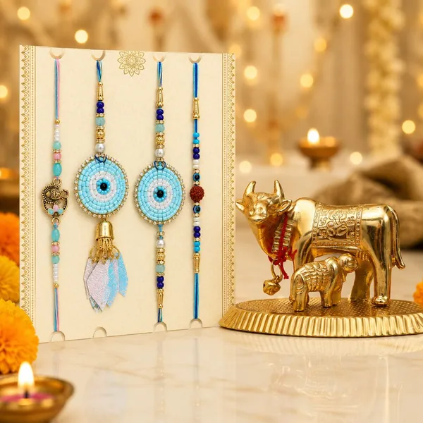 Chhariya_Crafts_Bhaiya_Bhabhi_Rakhi_Combo_Set_1_Kamdhenu_Cow,_Chawal_Roli_Pack,_1_Designer_Lumba,_3_Rakhi_Assorted,_Gold,_Gold_Finish,_Jute,_Kundan,_Mauli_Thread,_Pearl,_Zardosi_Rakhi,_Showpiece,_Diya__Set_(1_Kamdhenu_Cow,_Chawal_Roli_Pack,_1_Designer_Lumba,_3_Rakhi)