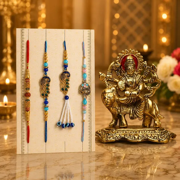 Chhariya_Crafts_Bhaiya_Bhabhi_Rakhi_Combo_Set_1_Durga_Ji_Murti,_Chawal_Roli_Pack,_1_Designer_Lumba,_3_Rakhi_Assorted,_Gold,_Gold_Finish,_Jute,_Kundan,_Mauli_Thread,_Pearl,_Zardosi_Rakhi,_Showpiece,_Chawal_Roli_Pack__Set_(1_Durga_Ji_Murti,_Chawal_Roli_Pack,_1_Designer_Lumba,_3_Rakhi)