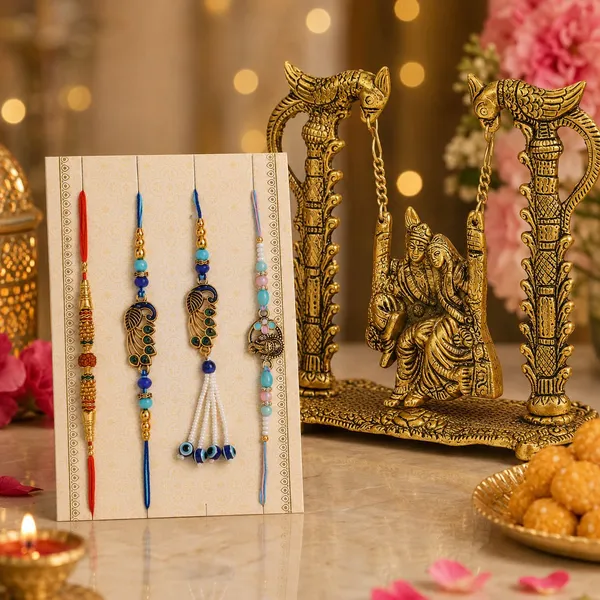 Chhariya_Crafts_Bhaiya_Bhabhi_Rakhi_Combo_Set_1_Radha_Krishna,_Chawal_Roli_Pack,_1_Designer_Lumba,_3_Rakhi_Assorted,_Gold,_Gold_Finish,_Jute,_Kundan,_Mauli_Thread,_Pearl,_Zardosi_Rakhi,_Showpiece,_Chawal_Roli_Pack__Set_(1_Radha_Krishna_Jhula,_Chawal_Roli_Pack,_1_Designer_Lumba,_3_Rakhi)