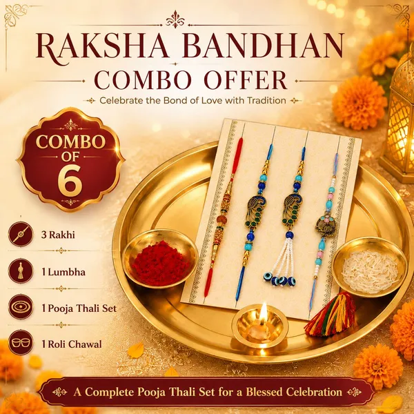 Chhariya_Crafts_Bhaiya_Bhabhi_Bhaiya_Bhabhi_Rakhi_Combo_Gift_Set_Assorted,_Gold,_Gold_Finish,_Jute,_Kundan,_Mauli_Thread,_Pearl,_Yarn_Rakhi,_Chawal_Roli_Pack,_Showpiece__Set_(1_Pooja_Thali_Set,_1_Chawal_Roli_Pack,_1_Designer_Lumba,_3_Designer_Rakhi)