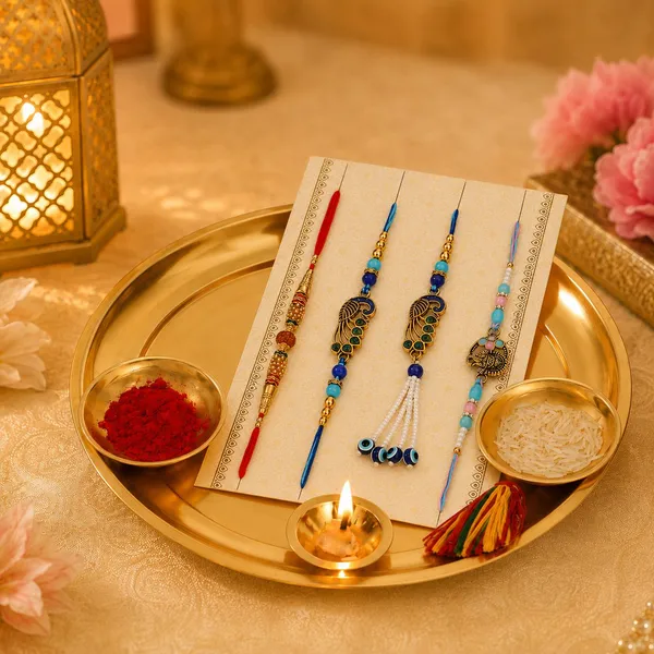 Chhariya_Crafts_Bhaiya_Bhabhi_Bhaiya_Bhabhi_Rakhi_Combo_Gift_Set_Assorted,_Gold,_Gold_Finish,_Jute,_Kundan,_Mauli_Thread,_Pearl,_Yarn_Rakhi,_Chawal_Roli_Pack,_Showpiece__Set_(1_Pooja_Thali_Set,_1_Chawal_Roli_Pack,_1_Designer_Lumba,_3_Designer_Rakhi)
