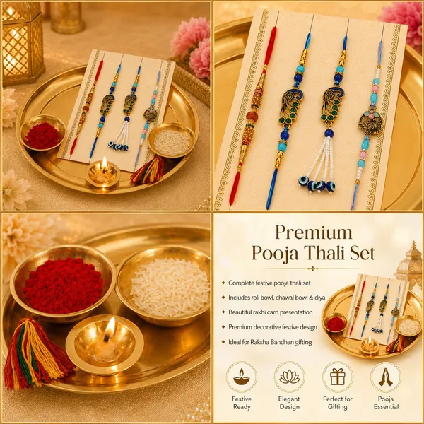 Chhariya_Crafts_Bhaiya_Bhabhi_Bhaiya_Bhabhi_Rakhi_Combo_Gift_Set_Assorted,_Gold,_Gold_Finish,_Jute,_Kundan,_Mauli_Thread,_Pearl,_Yarn_Rakhi,_Chawal_Roli_Pack,_Showpiece__Set_(1_Pooja_Thali_Set,_1_Chawal_Roli_Pack,_1_Designer_Lumba,_3_Designer_Rakhi)