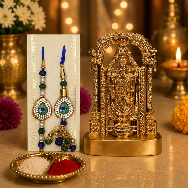 Chhariya_Crafts_Bhaiya_Bhabhi_Bhaiya_Bhabhi_Rakhi_Combo_Gift_Set_Assorted,_Gold,_Gold_Finish,_Jute,_Kundan,_Mauli_Thread,_Pearl,_Yarn_Rakhi,_Chawal_Roli_Pack,_Showpiece__Set_(1_Tirupati_Balaji_Idol,_1_Chawal_Roli_Pack,_1_Designer_Lumba,_1_Designer_Rakhi)