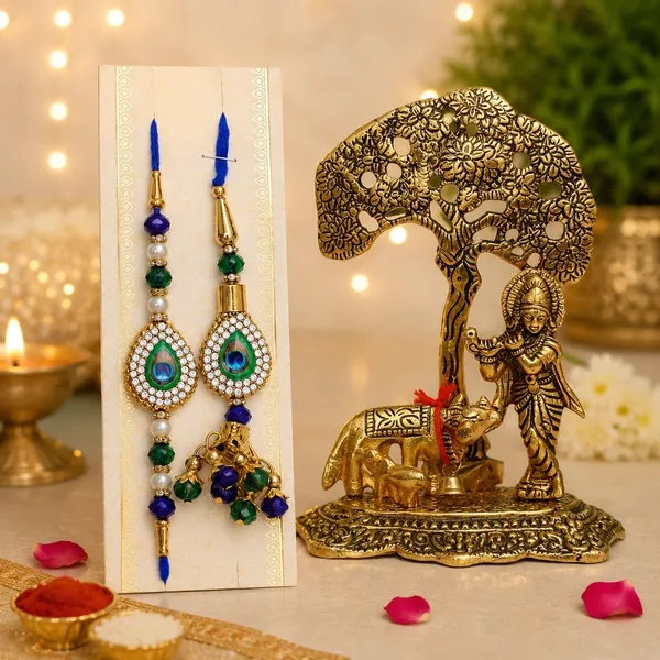 Chhariya_Crafts_Bhaiya_Bhabhi_Bhaiya_Bhabhi_Rakhi_Combo_Gift_Set_Assorted,_Gold,_Gold_Finish,_Jute,_Kundan,_Mauli_Thread,_Pearl,_Yarn_Rakhi,_Chawal_Roli_Pack,_Showpiece__Set_(1_Krishna_Idol,_1_Chawal_Roli_Pack,_1_Designer_Lumba,_1_Designer_Rakhi)