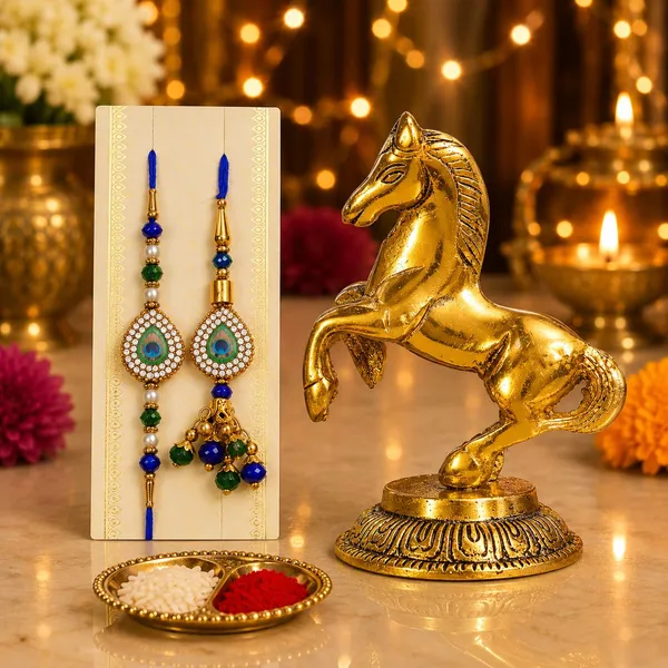 Chhariya_Crafts_Bhaiya_Bhabhi_Bhaiya_Bhabhi_Rakhi_Combo_Gift_Set_Assorted,_Gold,_Gold_Finish,_Jute,_Kundan,_Mauli_Thread,_Pearl,_Yarn_Rakhi,_Chawal_Roli_Pack,_Showpiece__Set_(1_Horse_Statue,_1_Chawal_Roli_Pack,_1_Designer_Lumba,_1_Designer_Rakhi)