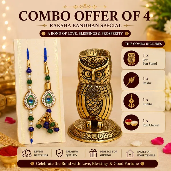 Chhariya_Crafts_Bhaiya_Bhabhi_Bhaiya_Bhabhi_Rakhi_Combo_Gift_Set_Assorted,_Gold,_Gold_Finish,_Jute,_Kundan,_Mauli_Thread,_Pearl,_Yarn_Rakhi,_Chawal_Roli_Pack,_Showpiece__Set_(1_Owl_Penstand_Vastu,_1_Chawal_Roli_Pack,_1_Designer_Lumba,_1_Designer_Rakhi)