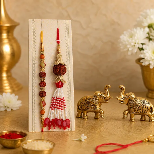 Chhariya_Crafts_Bhaiya_Bhabhi_Bhaiya_Bhabhi_Rakhi_Combo_Gift_Set_Assorted,_Gold,_Gold_Finish,_Jute,_Kundan,_Mauli_Thread,_Pearl,_Yarn_Rakhi,_Chawal_Roli_Pack,_Showpiece__Set_(1_Elepahnt_Pair,_1_Chawal_Roli_Pack,_1_Designer_Lumba,_1_Designer_Rakhi)