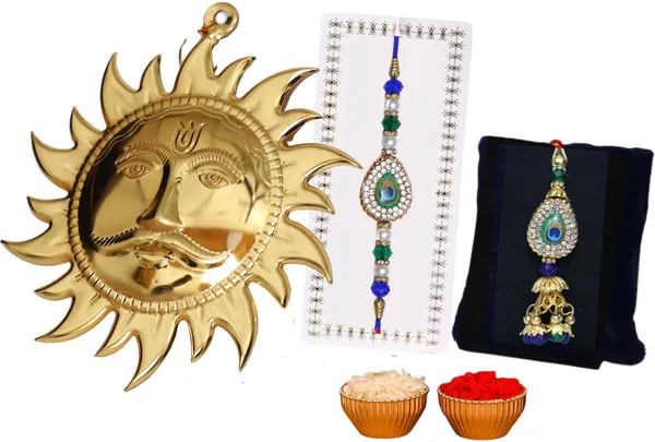 Chhariya_Crafts_Bhaiya_Bhabhi_Bhaiya_Bhabhi_Rakhi_Combo_Gift_Set_Assorted,_Gold,_Gold_Finish,_Jute,_Kundan,_Mauli_Thread,_Pearl,_Yarn_Rakhi,_Chawal_Roli_Pack,_Showpiece__Set_(1_Suraj_Wall_Idol,_1_Chawal_Roli_Pack,_1_Designer_Lumba,_1_Designer_Rakhi)