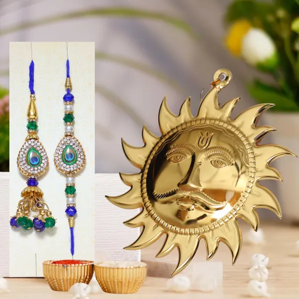 Chhariya_Crafts_Bhaiya_Bhabhi_Bhaiya_Bhabhi_Rakhi_Combo_Gift_Set_Assorted,_Gold,_Gold_Finish,_Jute,_Kundan,_Mauli_Thread,_Pearl,_Yarn_Rakhi,_Chawal_Roli_Pack,_Showpiece__Set_(1_Suraj_Wall_Idol,_1_Chawal_Roli_Pack,_1_Designer_Lumba,_1_Designer_Rakhi)