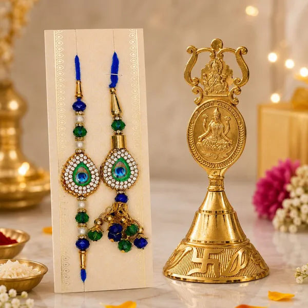 Chhariya_Crafts_Bhaiya_Bhabhi_Bhaiya_Bhabhi_Rakhi_Combo_Gift_Set_Assorted,_Gold,_Gold_Finish,_Jute,_Kundan,_Mauli_Thread,_Pearl,_Yarn_Rakhi,_Chawal_Roli_Pack,_Showpiece__Set_(1_Vastu_Bell,_1_Chawal_Roli_Pack,_1_Designer_Lumba,_1_Designer_Rakhi)