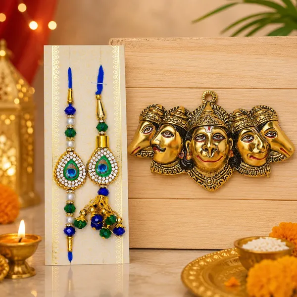Chhariya_Crafts_Bhaiya_Bhabhi_Bhaiya_Bhabhi_Rakhi_Combo_Gift_Set_Assorted,_Gold,_Gold_Finish,_Jute,_Kundan,_Mauli_Thread,_Pearl,_Yarn_Rakhi,_Chawal_Roli_Pack,_Showpiece__Set_(1_Hanuman_Ji_Idol,_1_Chawal_Roli_Pack,_1_Designer_Lumba,_1_Designer_Rakhi)