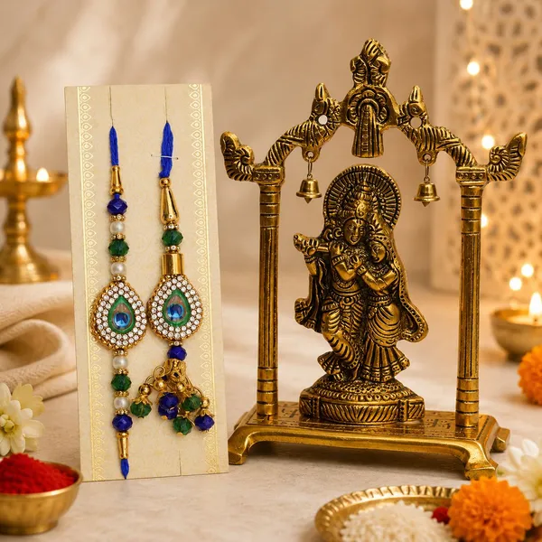 Chhariya_Crafts_Bhaiya_Bhabhi_Bhaiya_Bhabhi_Rakhi_Combo_Gift_Set_Assorted,_Gold,_Gold_Finish,_Jute,_Kundan,_Mauli_Thread,_Pearl,_Yarn_Rakhi,_Chawal_Roli_Pack,_Showpiece__Set_(1_Rada_Krishna_Idol,_1_Chawal_Roli_Pack,_1_Designer_Lumba,_1_Designer_Rakhi)