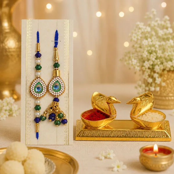 Chhariya_Crafts_Bhaiya_Bhabhi_Bhaiya_Bhabhi_Rakhi_Combo_Gift_Set_Assorted,_Gold,_Gold_Finish,_Jute,_Kundan,_Mauli_Thread,_Pearl,_Yarn_Rakhi,_Chawal_Roli_Pack,_Showpiece__Set_(1_Kissing_Duck_Kumkum_Box,_1_Chawal_Roli_Pack,_1_Designer_Lumba,_1_Rakhi)