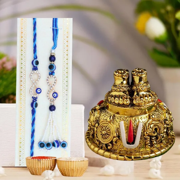 Chhariya_Crafts_Bhaiya_Bhabhi_Bhaiya_Bhabhi_Rakhi_Combo_Gift_Set_Assorted,_Gold,_Gold_Finish,_Jute,_Kundan,_Mauli_Thread,_Pearl,_Yarn_Rakhi,_Chawal_Roli_Pack,_Showpiece__Set_(1_Sri_Venkateswara_Feet,_1_Chawal_Roli_Pack,_1_Designer_Lumba,_1_Designer_Rakhi)
