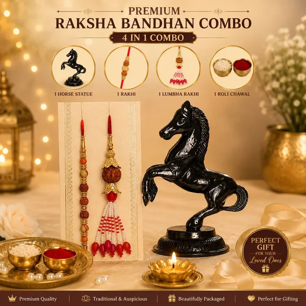 Chhariya_Crafts_Bhaiya_Bhabhi_Bhaiya_Bhabhi_Rakhi_Combo_Gift_Set_Assorted,_Gold,_Gold_Finish,_Jute,_Kundan,_Mauli_Thread,_Pearl,_Yarn_Rakhi,_Chawal_Roli_Pack,_Showpiece,_Lumba__Set_(1_Black_Horse_Statue,_1_Chawal_Roli_Pack,_1_Designer_Lumba,_1_Designer_Rakhi)